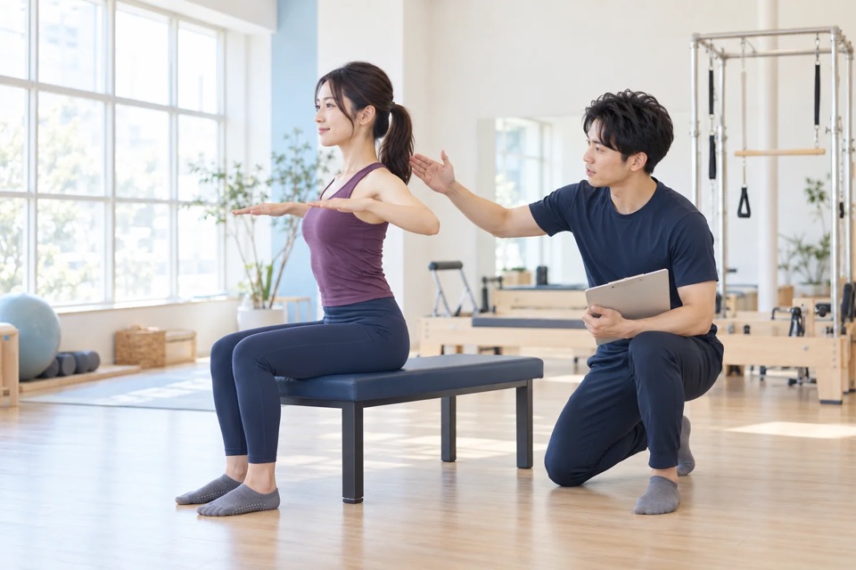 トレーナーが座った姿勢の動きを見て指導するイメージ