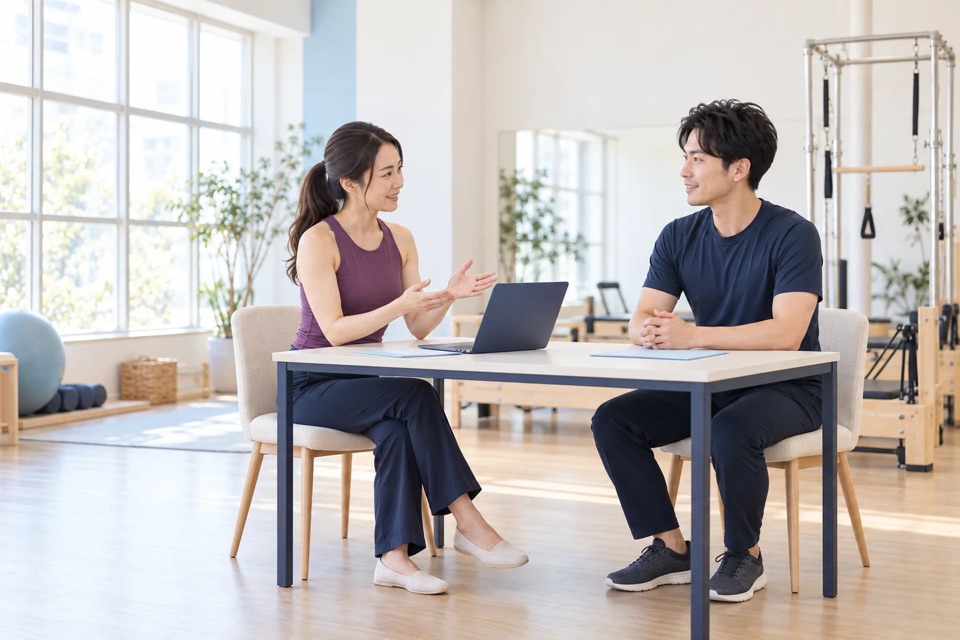 テーブルでパソコンを見ながら話し合うイメージ