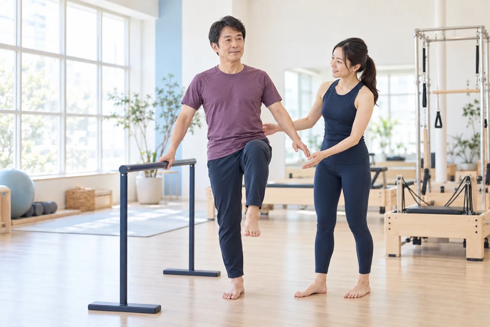 トレーナーがそばでバランスの動きを支えるイメージ